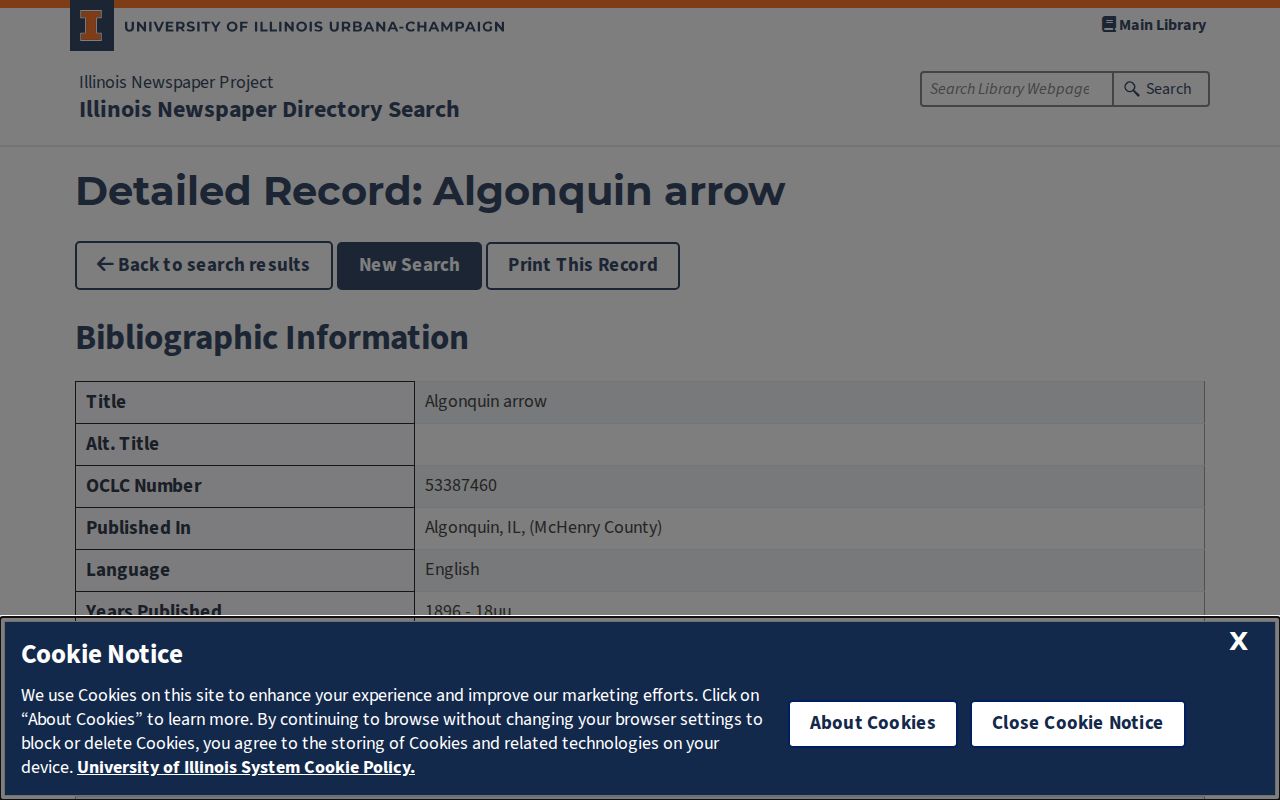 Catalog record for the historic Algonquin Arrow