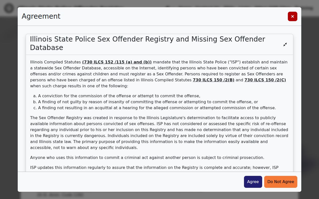 Algonquin resident lookup through the Illinois State Police registry disclaimer