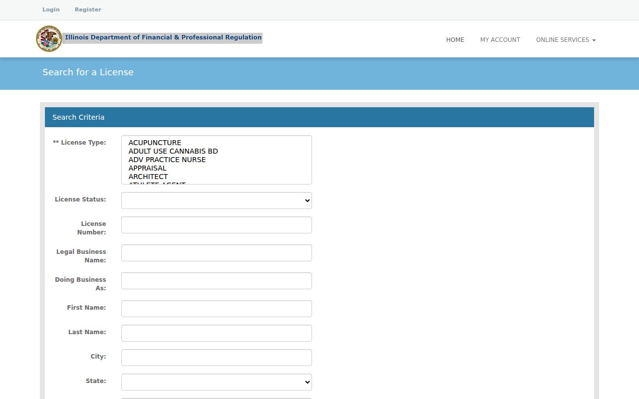 Algonquin resident lookup in the Illinois professional license search