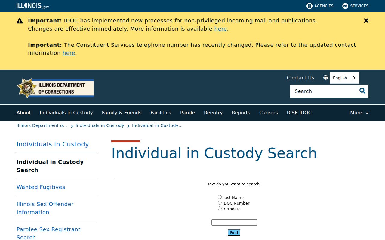 Algonquin resident lookup using the Illinois inmate search entry page
